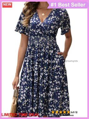 Women's Midi Summer Dress A-Line V-Neck Smocked Empire Waist with Pockets